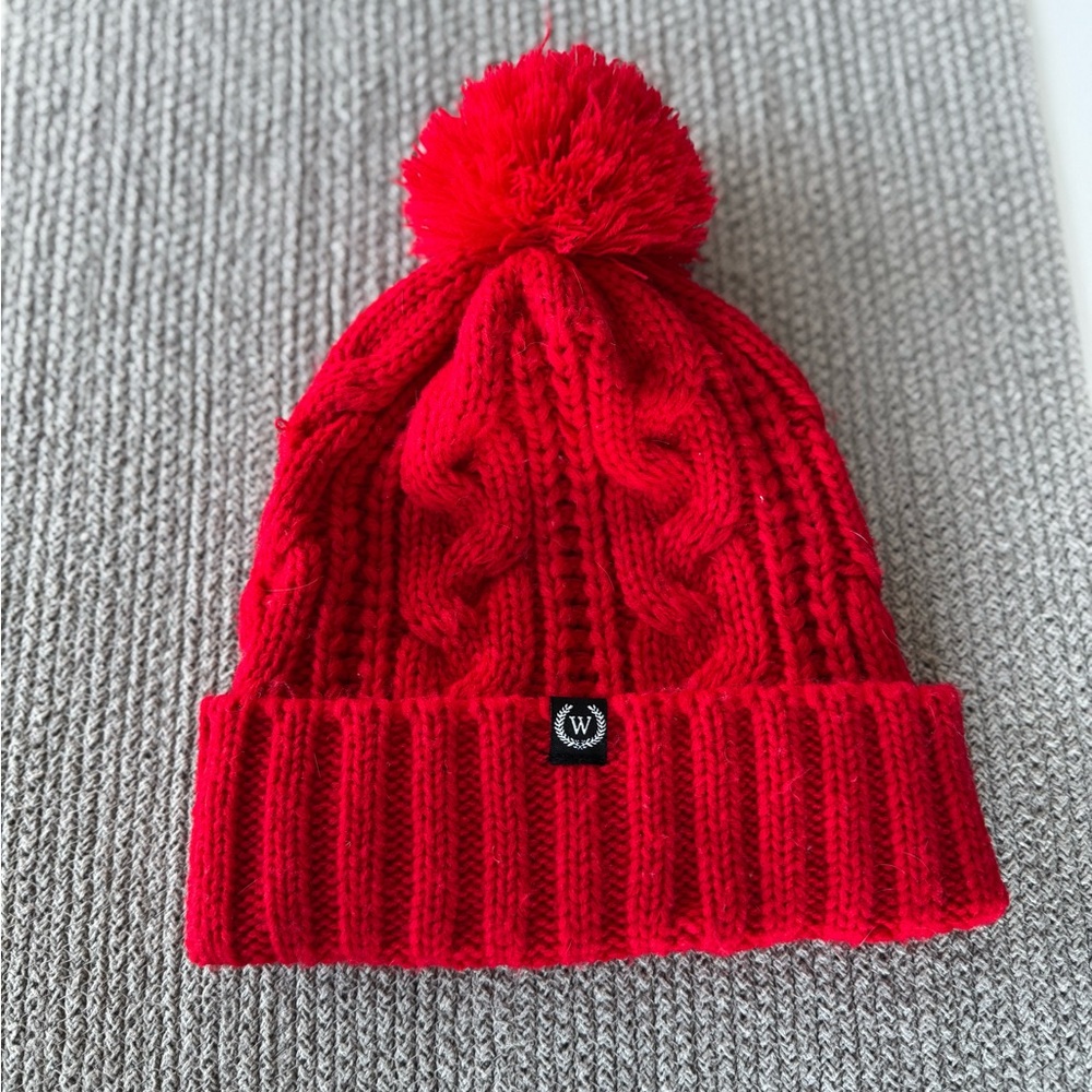 Vintage Red Cable Knit Beanie Winter Hat with Large Pom